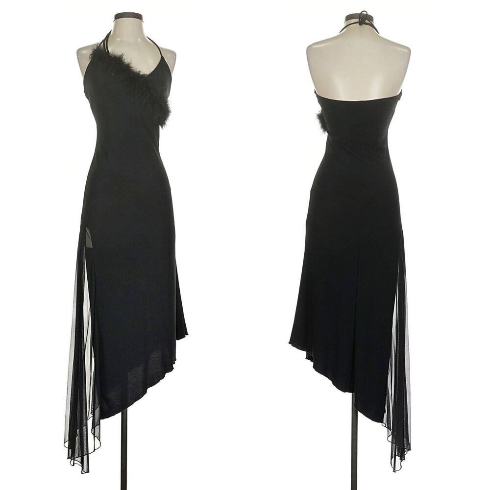 Vintage 90s Y2K Kitty Black Midi Dress Feather Trim Asymmetrical Dark Fairycore